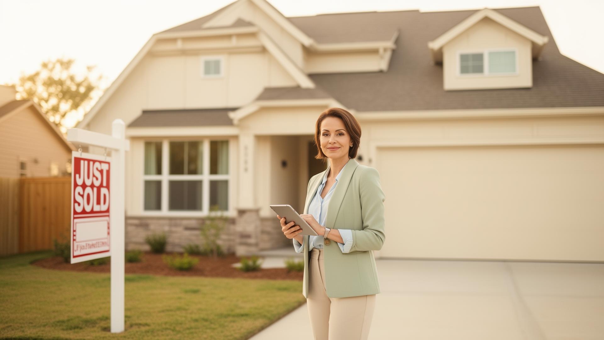 Real estate agent in front of a sold home